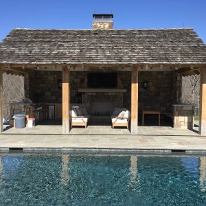 Pool cabana with stone supplied by Fieldstone Center and installed by The Rock Masonry Company